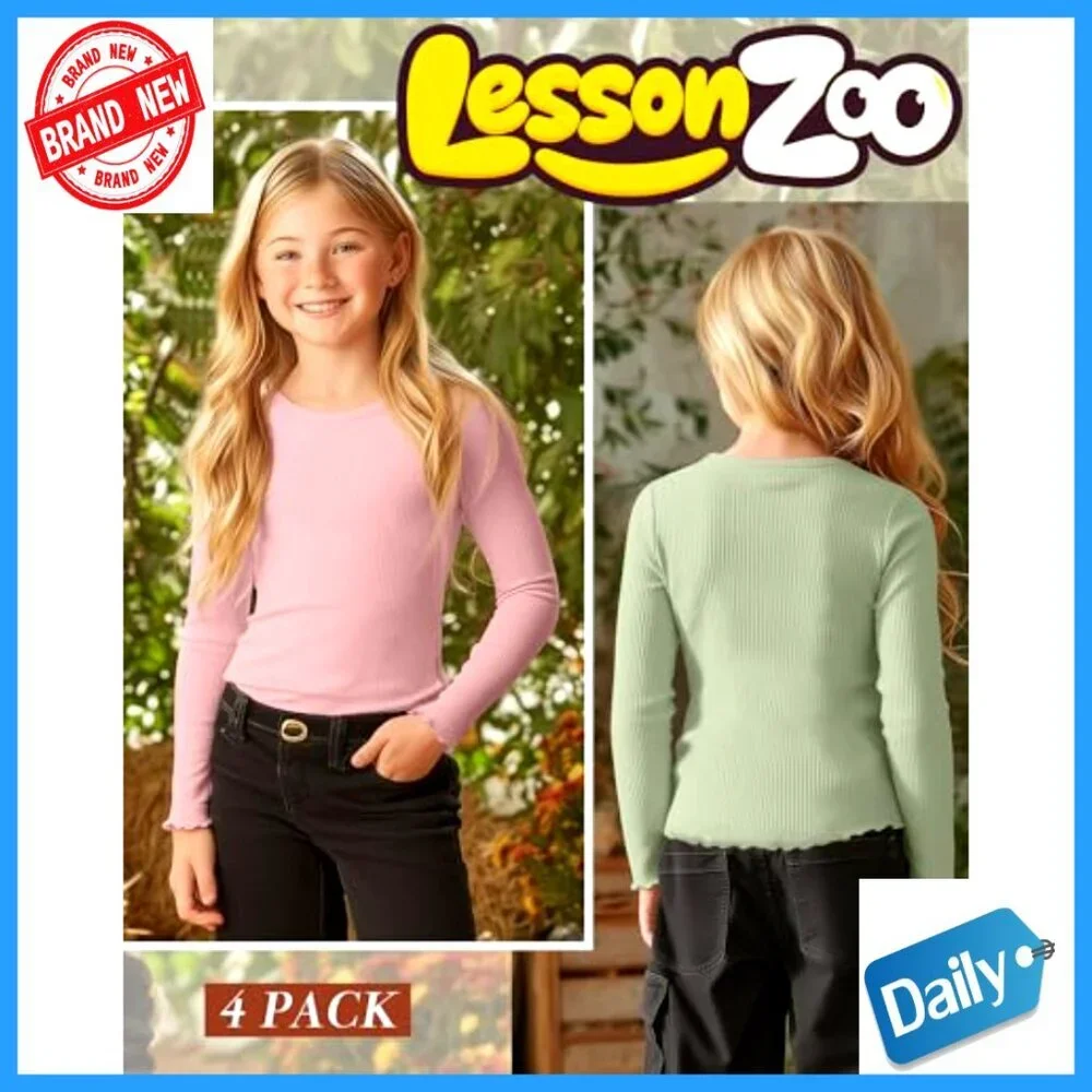 Girl's 4-Pack Long Sleeve Cotton Tees Crew Neck Lettuce Trim Fitted